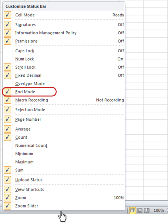 Menu of status bar options